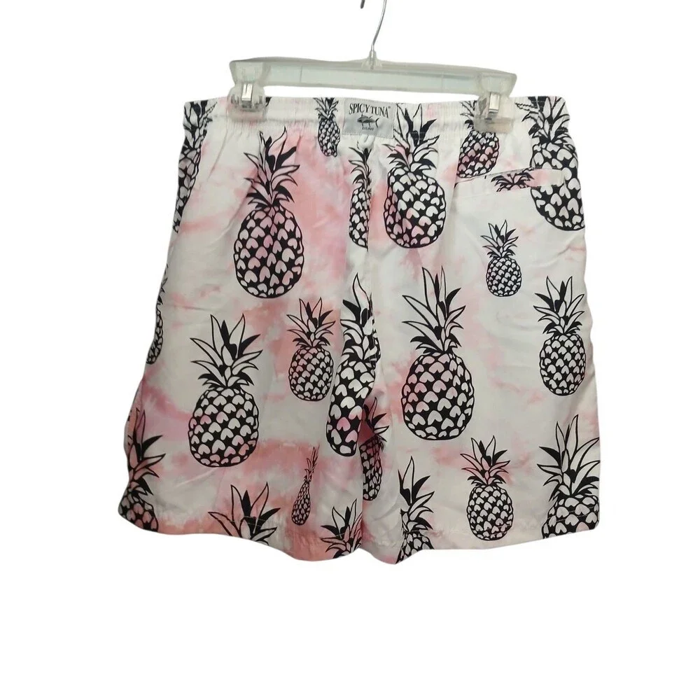 Spicy Tuna Swim Trunks Men XL Pineapple Print White Pink Beach Shorts